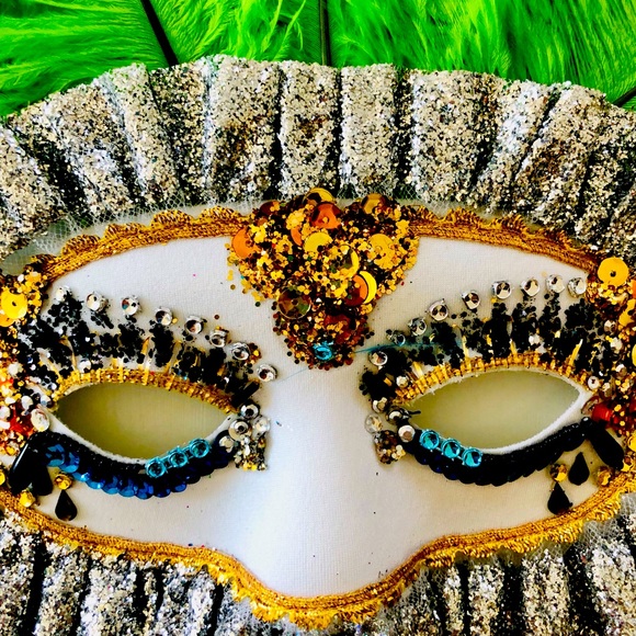 Beaded eye mask grn ostrich feathers Carnevale Masquerade Mardi Gras Halloween - Picture 2 of 16